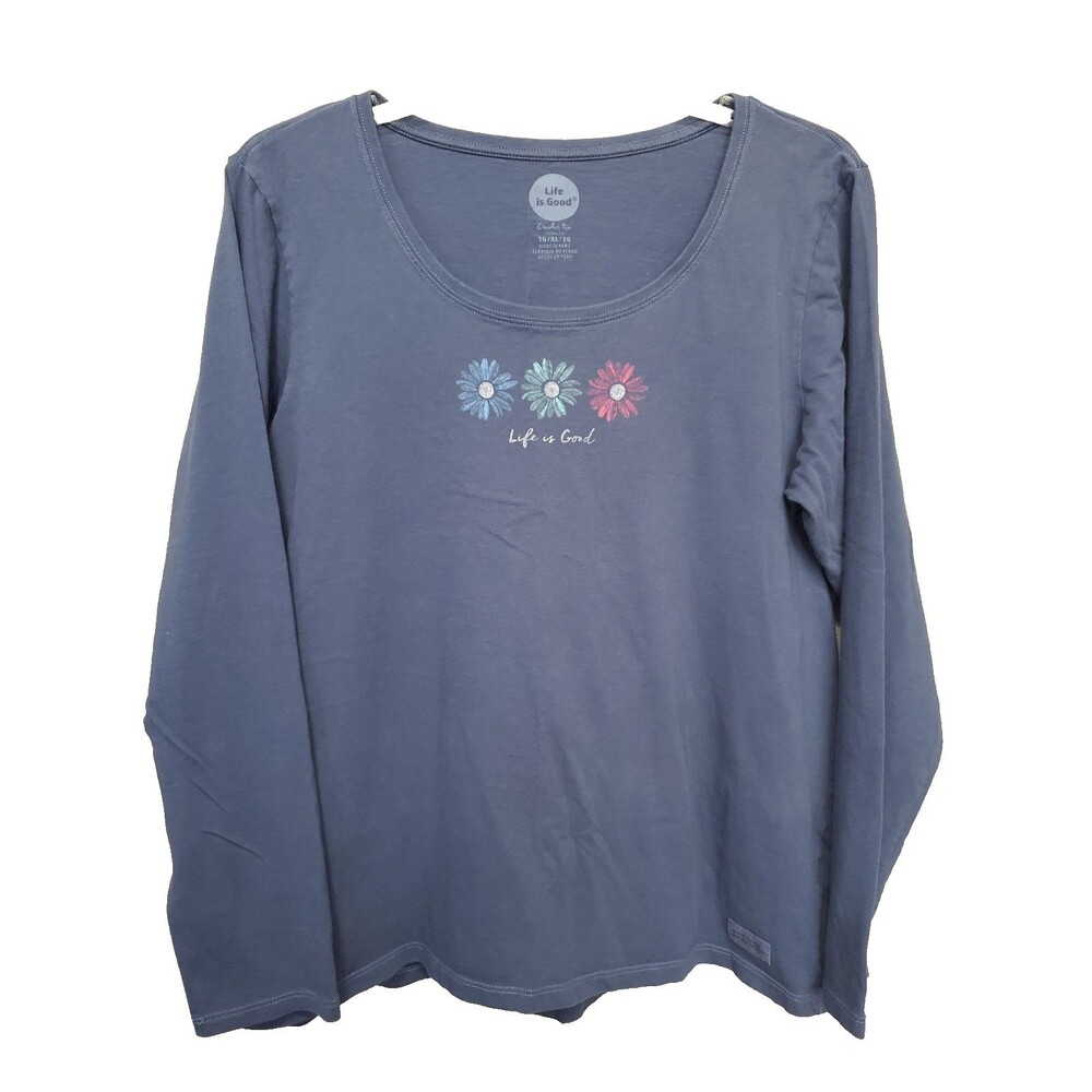 Life is Good Women's Flower Graphic Blue Long Sleeve Crusher Tee Size XL